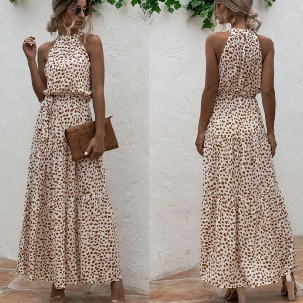 Boho cream brown halter dot belted maxi dress - Picture 2 of 8